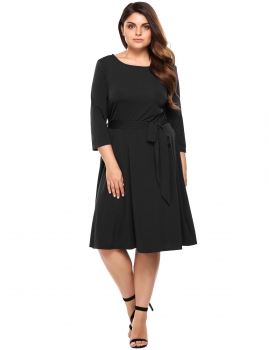 

Black Plus Size 3"4 Sleeve Belted Swing Dress, Multicolor