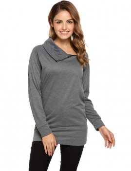 

Grey Turn Down Collar Long Sleeve Loose Solid Sweatshirt, Multicolor