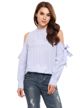 

Blue Stripes Long Sleeve Cold Shoulder Bow Decoration Tops, Multicolor