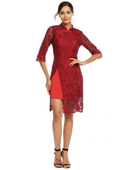 

Red 3"4 Sleeve Hollow Out Crochet Lace Slit Hem Cheongsam Dress, Multicolor