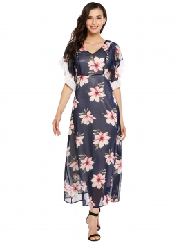 

Blue V-Neck Butterfly Sleeve Floral Chiffon Maxi Dress, Multicolor