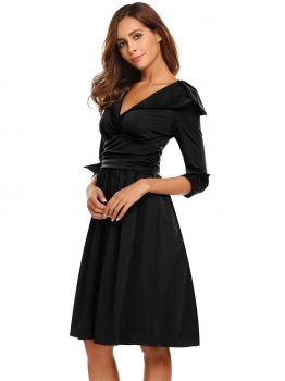 

Black Turn Down Collar 3"4 Sleeve Ruched Casual Dress, Multicolor