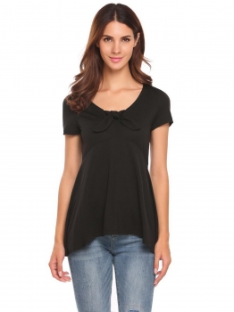 

Black Bow Knot Pleated Asymmetrical Hem O-Neck Short Sleeve Tops, Multicolor