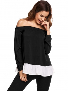 

Black Long Sleeve Off the Shoulder Pleated Contrast Color Tops, Multicolor