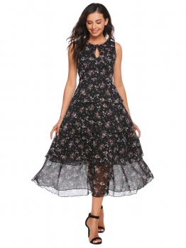 

Black Sleeveless Floral Print Keyhole Chiffon Dress, Multicolor