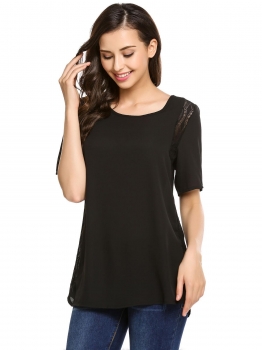 

Black Hollow Lace Patchwork Back Keyhole Short Sleeve Chiffon Blouse, Multicolor