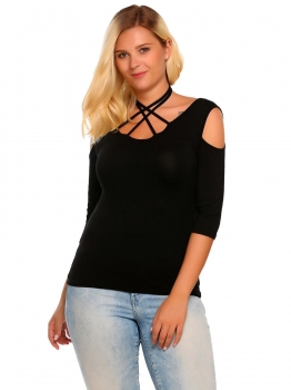

Black Solid Plus Size Multi Strap Halter Cold Shoulder Tops, Multicolor