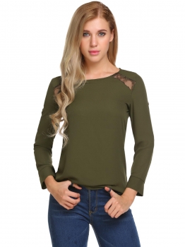

Army green Round Neck Long Cuffed Sleeve Lace Patchwork Chiffon Blouse, Multicolor