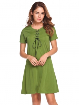 

Army green O-Neck Short Sleeve Solid Loose Dress, Multicolor