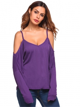

Purple Cold Shoulder Spaghetti Strap Batwing Sleeve Solid Irregular Tops, Multicolor