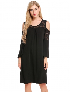 

Black O-Neck Flare Clod Shoulder Patchwork Dress, Multicolor