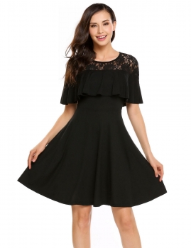 

Black Ruffled Trim Lace Patchwork A-Line Dress, Multicolor