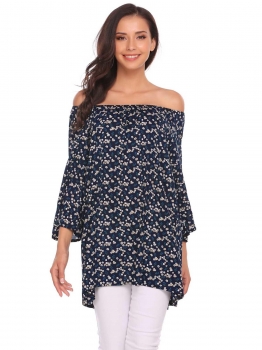 

Dark blue Floral Elastic Off the Shoulder 3"4 Flare Sleeve Cotton Tops, Multicolor