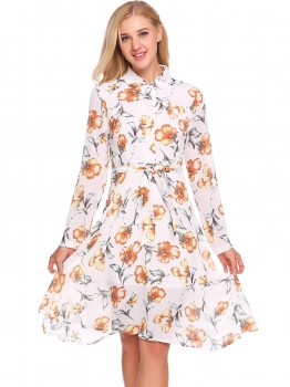 

White Peter Pan Collar Long Sleeve Floral Print Dress with Belt, Multicolor