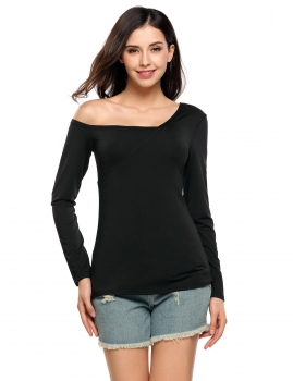 

Black Oblique Collar Long Sleeve Solid Sexy Tops, Multicolor