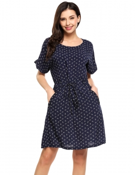 

Blue Casual Short Sleeve Drawstring Waist Printing Dress, Multicolor
