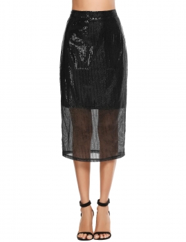 

Black Casual Solid Back Zipper Sequined Split Hem Slim Skirt, Multicolor