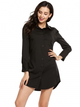 

Black Button Down Collar Long Sleeve Tie-Front Shirt Dress, Multicolor