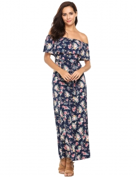

Dark blue Off The Shoulder Ruffles Floral Maxi Dress with Belt, Multicolor