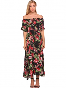 

Black red Off Shoulder Flare Sleeve Floral Maxi Dress, Multicolor