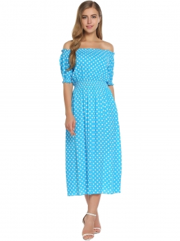

Blue Off Shoulder Half Sleeve Polka Dot Beach Maxi Dress, Multicolor