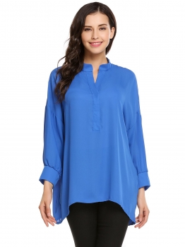 

Blue Solid V-Neck 3"4 Sleeve Loose Chiffon Blouse, Multicolor