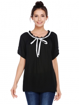

Black Women O-Neck Bow Tie Patchwork Short Sleeve Loose Causal Chiffon Shirt, Multicolor