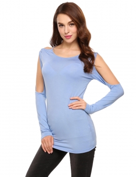 

Blue gray Boat Neck Long Sleeve Cold Shoulder Solid Tops, Multicolor