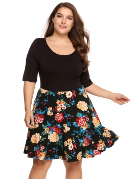 

Black Plus Size Half Sleeve Floral Patchwork Loose Dress, Multicolor