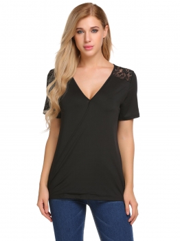 

Black Short Sleeve Cross Front V Neck Lace Shoulder Tops, Multicolor