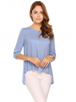 

Light blue Keyhole Neck Solid Asymmetrical Hem Sexy Blouse, Multicolor