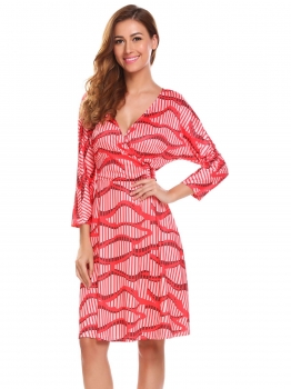 

Women Casual Deep Crossing V-Neck Waist Lace Up Back Hollow Out A-Line Pleated Dress, Multicolor