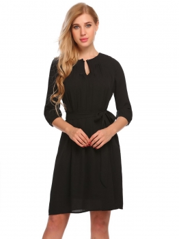 

Black Women Casual O-Neck Lantern Sleeve Solid Loose A-Line Pleated Dress, Multicolor