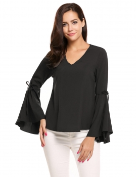 

Black V-Neck Long Flare Sleeve Solid Loose Tops, Multicolor