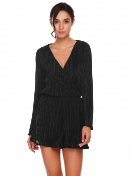 

Black Women Crossing Deep V Long Sleeve Elastic Waist Solid Ruffle Romper, Multicolor