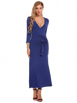 

Violet Women 3"4 Sleeve Solid V Neck Wrap Waist Maxi Dress, Multicolor