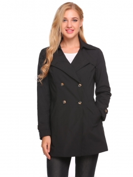 

Black Solid Turn Down Collar Loose Wind Coat, Multicolor