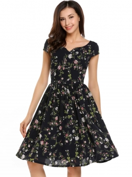 

Black Vintage Cap Sleeve Floral V Neck Swing Dress, Multicolor