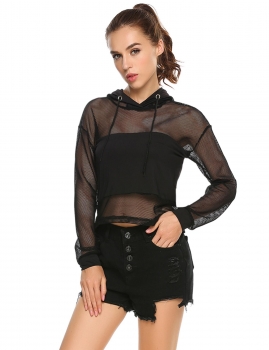 

Black Long Sleeve Hooded Mesh Patchwork Hoodie, Multicolor