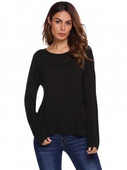 

Black Back Cut-out O-Neck Long Sleeve Solid Tops, Multicolor
