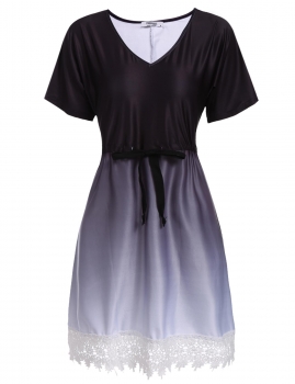 

Black Ombre V-Neck Drawstring Waist Lace Trim Casual Dress, Multicolor