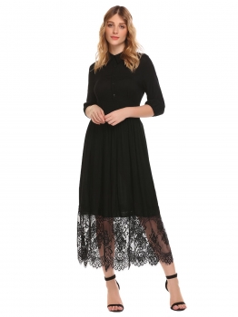 

Black Doll Collar Lantern 3"4 Sleeve Lace Patchwork Shirt Dress, Multicolor