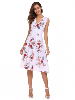 

White Sleeveless Neck Floral A-Line Dress, Multicolor