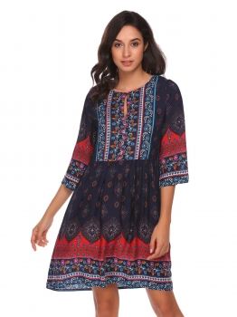 

Blue Women Fashion V-Neck 3"4 Sleeve Printed Loose Button Beach Mini Dress, Multicolor