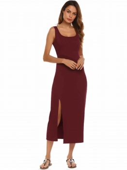 

Wine red Solid Scoop Neck Sleeveless Split Bodycon Party Maxi Dress, Multicolor