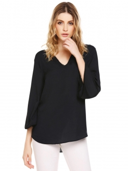 

Black V-Neck Flare Sleeve Asymmetrical Blouse Tops, Multicolor