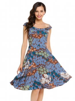 

Blue O-Neck Sleeveless Prints Back Zipper A-Line Pleated Dress, Multicolor