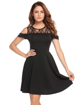

Black O-Neck Cold Shoulder Lace Patchwork A-Line Pleated Dress, Multicolor