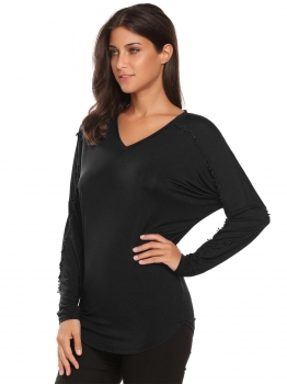 

Black Long Batwing Sleeve V-Neck Patchwork Tops, Multicolor