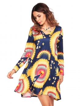 

Navy blue Vintage V-neck Long Sleeve Printed Shift Mini Going Out Dress, Multicolor